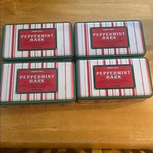 4 empty Trader Joe’s Peppermint Bark Tins- Use for cookies candy storage Festive
